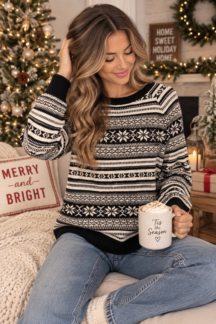 Old Navy Black Ivory Fair Isle Snowflake Knit Sweater M NWT